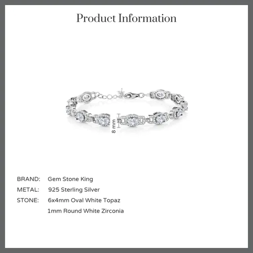 Miniatura 5 de Gem Stone King Pulsera de tenis ovalada de plata de ley 925 con topacio blanco para mujer (10.20 quilates, 7 pulgadas con extensor de 1 pulgada)