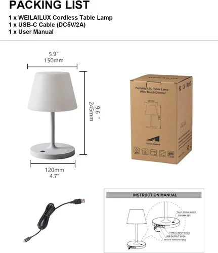 Miniatura 7 de WEILAILUX Lámpara de mesa para exteriores operada por batería, impermeable, lámpara de mesa inalámbrica recargable de 4000mAh, lámpara de escritorio
