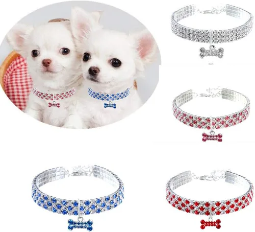 Miniatura 2 de Collar para mascotas con diamantes, colgante de hueso elástico de diamante de cristal ajustable para boda, gato y perro, collar pequeño para mascotas
