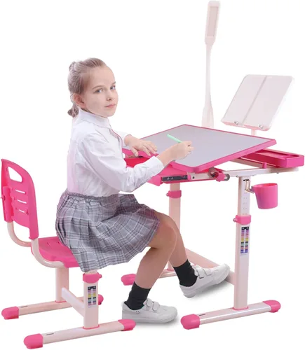 Miniatura 8 de Juego de escritorio y silla de arte para niños, mesa de dibujo de altura ajustable con inclinación de 40 grados, luz LED, soporte para libros