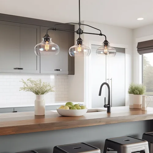 Miniatura 6 de Kira Home Harlow - Lámpara de isla de cocina industrial moderna de granja de 38 pulgadas de 3 luces con pantallas de vidrio transparente, altura