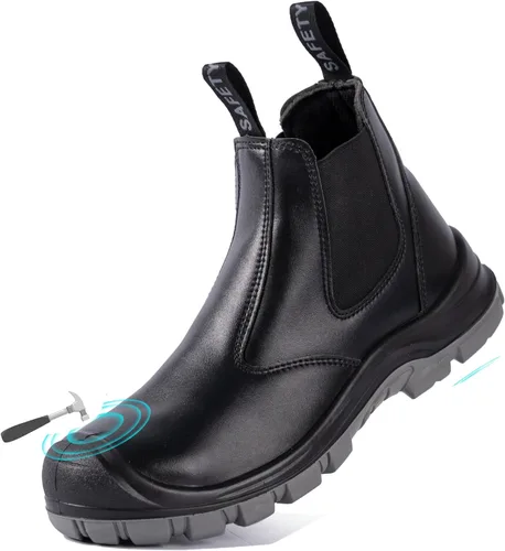 Botas de trabajo con punta de acero para hombre, botas Chelsea sin cordones, zapatos industriales y de construcción para hombre, impermeables,