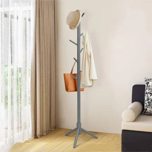 Miniatura 3 de Tangkula Perchero independiente, soporte de madera de goma con 8 ganchos, altura ajustable para entrada, abrigo de árbol, soporte para el hogar, Gris