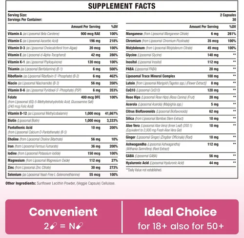 Miniatura 3 de Sambugra Multivitamínico liposomal para mujeres de 1400 mg – Suplementos diarios de vitaminas para mujer con hierro, vitamina A, C, D, E y B