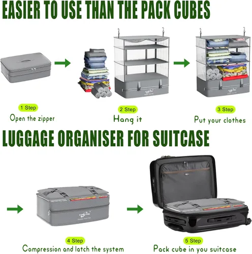Miniatura 4 de Compressible Packing Cubes Portable Hanging Closet Shelves 17"x12"x24" Extendable Travel Organizer Nylon Packing Bags for Suitcase