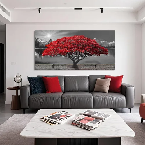 Mofutinpo Arte de Pared de Árbol Rojo en Blanco y Negro Impresión en Lienzo Cuadro Paisaje de Árbol Rojo Grande Obra de Arte Moderna para Sala de