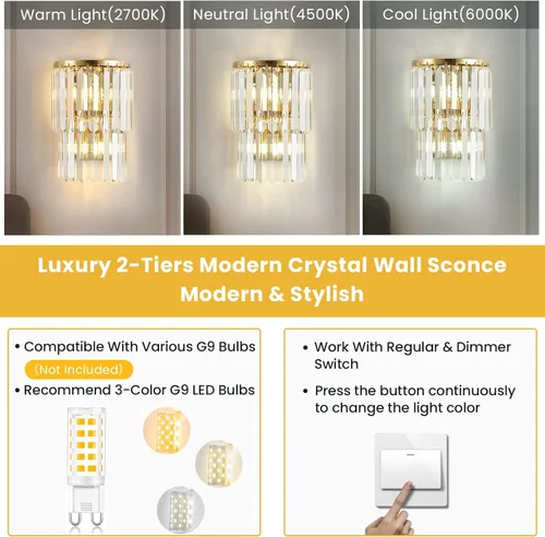 Miniatura 4 de Siljoy Lámpara de pared moderna de cristal de 2 niveles, lámpara de pared de cristal de 2 niveles, espejo dorado de acero inoxidable K9, aplique
