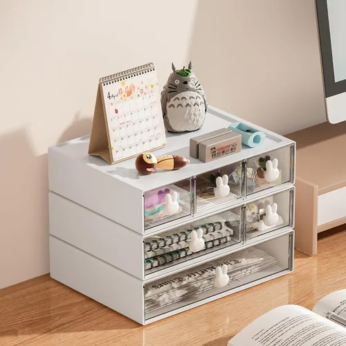 Miniatura 8 de Marbrasse Organizador de escritorio con 6 cajones, cajones de almacenamiento apilables de 3 niveles, almacenamiento de maquillaje de plástico