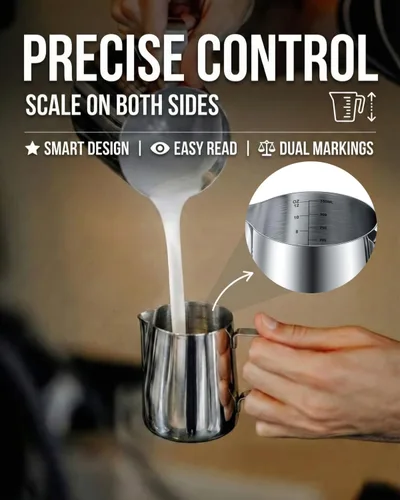 Miniatura 2 de Jarra de espuma de leche de 12 onzas con medidas, jarra de vapor de acero inoxidable (11.8 fl oz) y bolígrafo de arte con leche, taza de crema