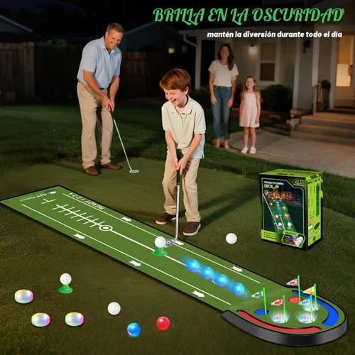 Miniatura 3 de TERRAMUS Alfombra de Golf Mejorada para Niños, Verde de Golf de 2.37 m con Agujeros LED Iluminados, Bolas Luminosas, 2 Palos, Juego de Golf
