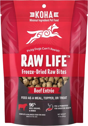 KOHA Raw Life - Bocados crudos liofilizados para perros, comida alta en proteínas, cobertura y golosinas para comedores quisquillosos, bolsa de 14