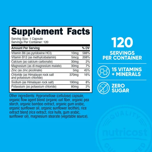 Miniatura 2 de Nutricost Electrolyte Complex Advanced Hydration (120 cápsulas) – 8 electrolitos hidratantes y vitaminas, sin gluten, sin OMG, vegetariano