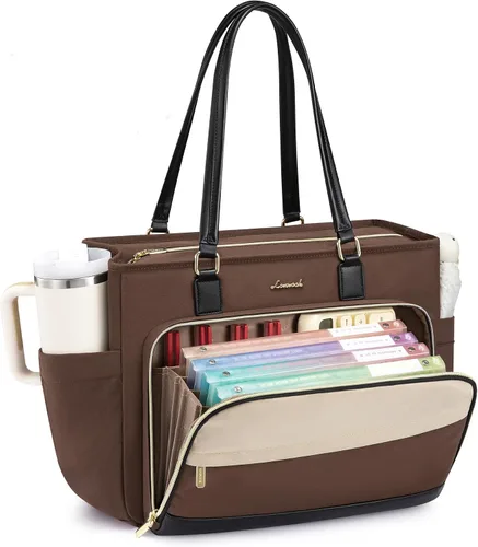 Miniatura 11 de LOVEVOOK Bolsa de mano para profesores, bolsa para laptop para mujer con portavasos grande y área de archivo de acordeón, bolsa de trabajo