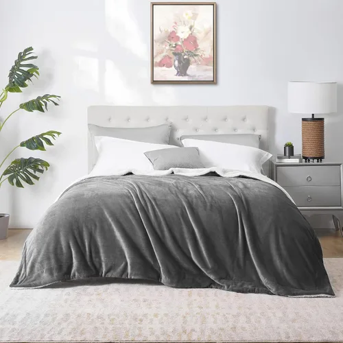 Miniatura 8 de Walensee Manta de vellón Sherpa (Tamaño Queen de 90 x 90 pulgadas, gris), manta de felpa gris peluda súper suave reversible de franela de microfibra
