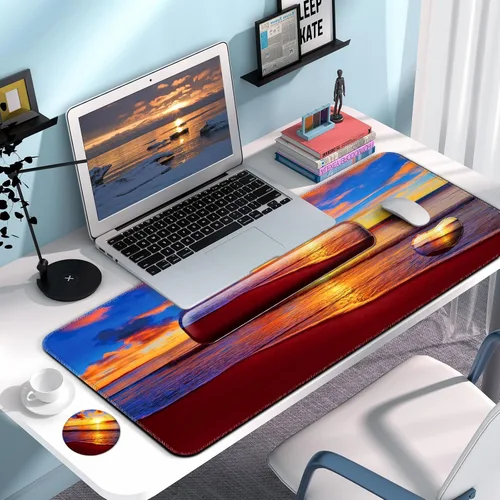 Miniatura 7 de Reposamuñecas para teclado + alfombrilla para mouse con soporte para muñeca + alfombrilla de escritorio + posavasos 4 en 1, alfombrilla de mouse XXL