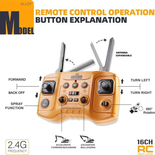 Miniatura 9 de ViRockSign Juguetes de excavadora con control remoto para niños, juguetes de construcción RC de 16 canales con pala de metal y luz, humo simulado