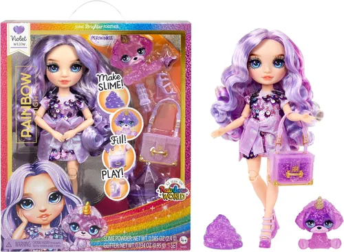 Rainbow High Violeta, morado con kit de slime y mascota, muñeca de moda brillante de 11 pulgadas con slime brillante de bricolaje, mascota mágica de