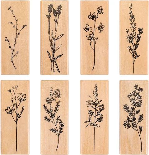 Rancco Sellos de goma para manualidades, 8 piezas de sellos de madera montados, vintage, plantas, flores, juego de sellos de tinta decorativos para