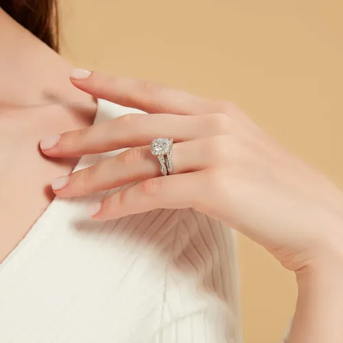 Miniatura 5 de Mameloly Juego de anillos de boda de 1.2 quilates para mujer, anillos de novia de corte redondo, circonita cúbica, halo de circonita cúbica, anillos