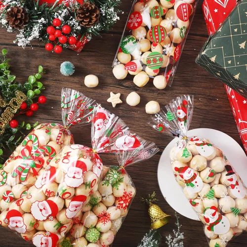 Miniatura 4 de Pasimy 100 Piezas Bolsas de Celofán Navideñas para Dulces con Lazos Bolsa de Regalo de Plástico Transparente a Granel Bolsas de Celofán Navideñas