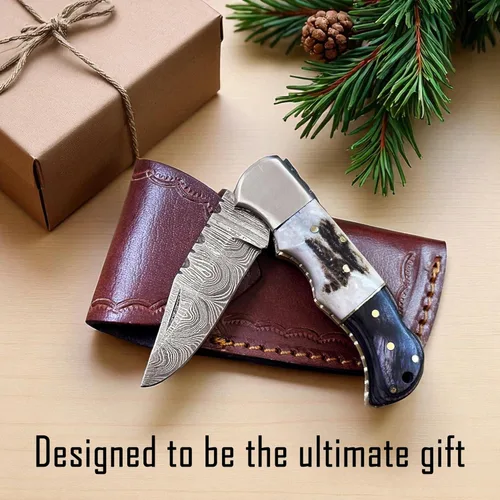 Miniatura 6 de WINTERFELL Cuchillo de Bolsillo Plegable de Acero de Damasco para Hombres con Funda de Cuero, Regalos 100% Hechos a Mano para Esposo, Papá, Novio