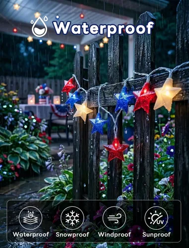 Miniatura 4 de Tira de luces de estrellas rojas, blancas y azules, 8.5 pies, luces de decoración del 4 de julio con 10 luces rojas, blancas y azules, tira de luces