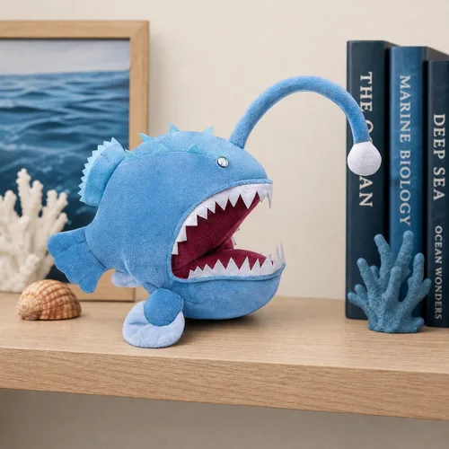 Miniatura 7 de Juguete de peluche de pez pescador – Lindo pez pescador azul de 12 pulgadas, juguetes de peluche real de la vida marina, pez linterna, juguetes