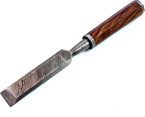 Miniatura 11 de Juego de cinceles de madera de 5 piezas – Cuchillas de borde biselado de acero de Damasco forjadas a mano con cubiertas de cuero y asas
