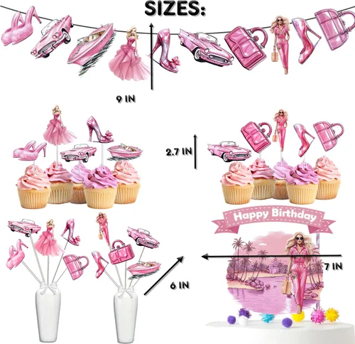Miniatura 3 de Juego de suministros para fiesta de cumpleaños de muñecas, decoraciones temáticas de muñecas con decoración de pastel, pancarta, adornos