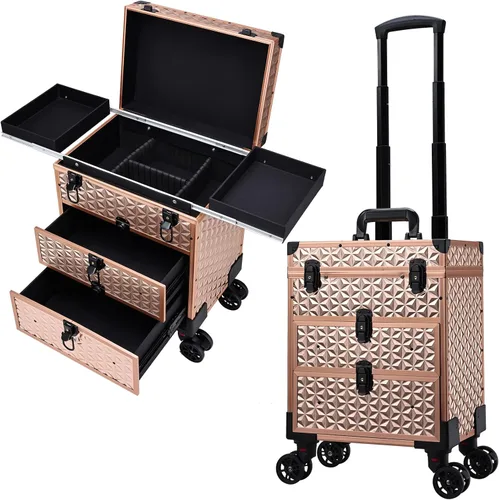 Miniatura 8 de FRENESSA Estuche Profesional Rodante para Maquillaje de Aluminio con Carrito de Tren y Ruedas para Organizador de Cosméticos de Viaje con Cajones