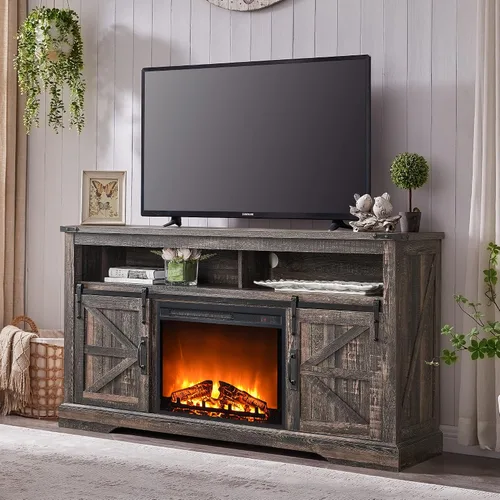Miniatura 11 de OKD Soporte de TV con chimenea para TV de más de 65 pulgadas, centro de entretenimiento Highboy Farmhouse de 33 pulgadas de alto con chimenea