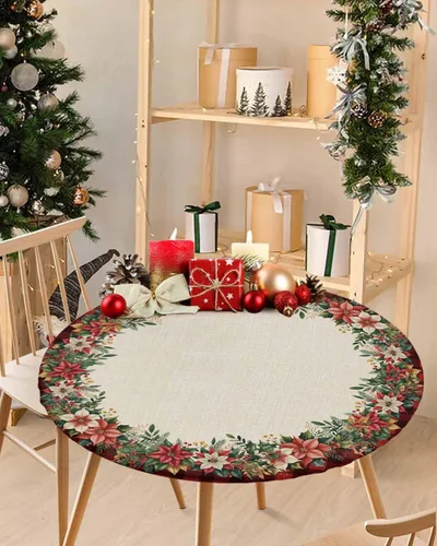 Mantel ajustado redondo de Navidad con Poinsettia, mantel de lino retro de Navidad impermeable para mesa circular, mantel circular elástico de Rojo