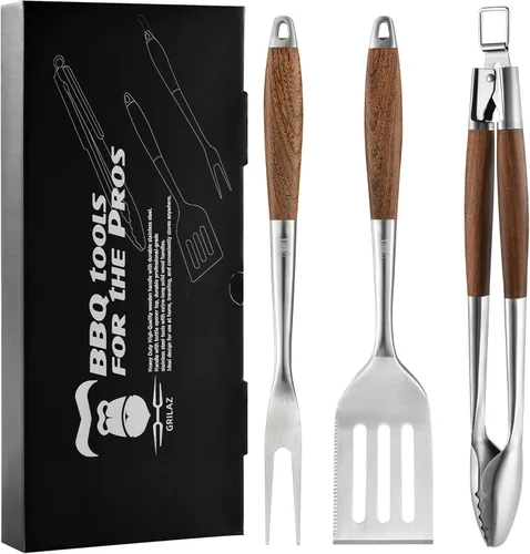 Miniatura 10 de Grilaz Juego de herramientas para barbacoa de acero inoxidable Mangos de madera teñida oscura Accesorios de parrilla para trabajo pesado Juego