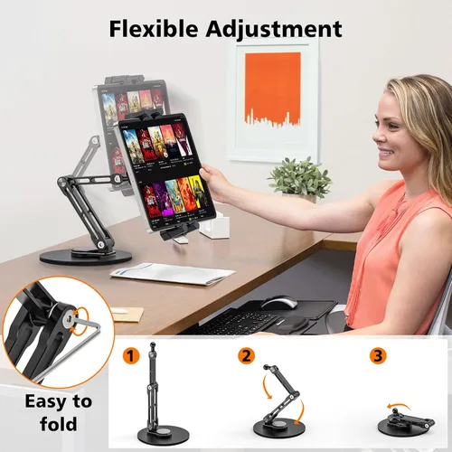 Miniatura 2 de Soporte para iPad, soporte de escritorio para tableta, oficina, cocina, dormitorio, base giratoria de 360°, ajustable, plegable, soporte