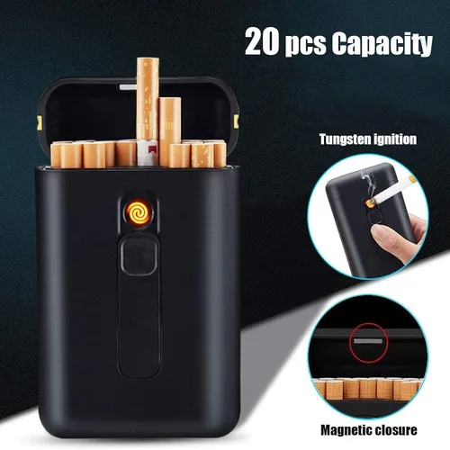Miniatura 2 de Estuche para cigarrillos con encendedor, paquete portátil grande de 20 cajas de cigarrillos de tamaño regular, encendedor integrado 2 en 1, regalos