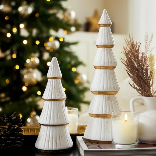 Miniatura 7 de WONDROUS' DECO Figura de árbol de Navidad de madera dorada, figuras de árbol decorativas para mesa, pequeñas figuras de árboles de Navidad dorados