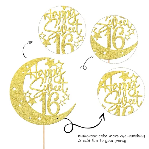 Miniatura 2 de 1 pieza de decoración de pastel de 16 años con purpurina de luna y estrella de luna feliz 16 cumpleaños, decoración para tartas de cumpleaños de 16