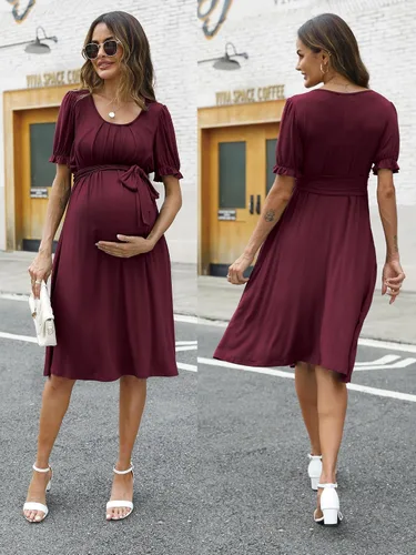 Miniatura 4 de Molliya Vestido de maternidad de manga corta, cuello redondo, casual, elástico, hasta la rodilla, vestidos de embarazo con cinturón