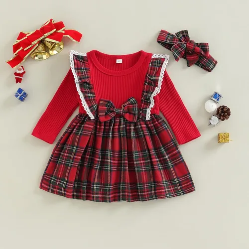 Miniatura 2 de Trajes de Navidad para niñas pequeñas, vestido de manga larga, falda vintage de encaje de una pieza, vestido de fiesta de terciopelo rojo, vestido