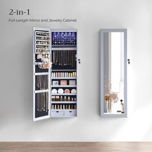 Miniatura 20 de Songmics - UJJC93W - Armario para joyas que se puede cerrar con llave, de montaje en pared o puerta, con espejo de 6 luces LED, para organización
