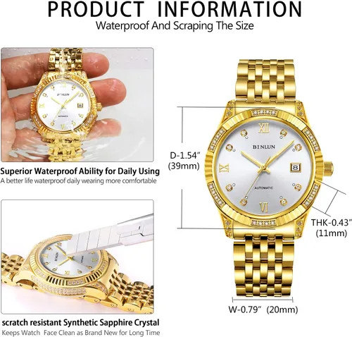 Miniatura 26 de BINLUN Reloj de pulsera para hombre, mecánico automático, reloj dorado con cuerda automática, elegante, chapado en oro de 18 quilates, relojes