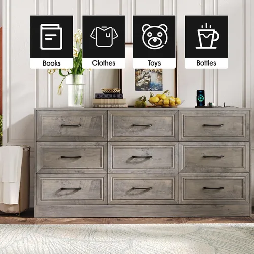 Miniatura 6 de Fameill - Cómoda para dormitorio, organizador de 9 cajones con estación de carga, cómoda alta para pasillo, cómoda de madera con tiradores de metal