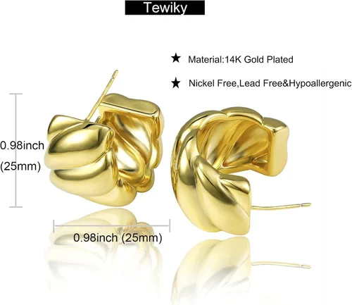 Miniatura 117 de Aretes de aro gruesos de oro para mujer, chapados en oro de 14 quilates, aretes de aro triple, hipoalergénicos, a la moda, aretes de aro gruesos