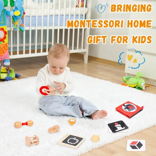 Miniatura 6 de Adena Montessori Kit de juego para bebés de 3 a 4 meses, juguetes educativos de aprendizaje de madera 8 en 1 para niños pequeños, incluye libro