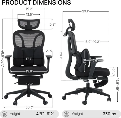 Miniatura 2 de CabLady S1 Petite Silla ergonómica de escritorio para el hogar con reposapiés y reposacabezas, soporte lumbar fijo de respaldo alto con almohada