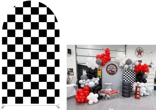 Fundas de fondo de arco con textura de cuadros blancos y negros, bandera a cuadros de 2.5 x 6 pies, fondo de pared elástico para fotografía, para