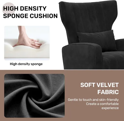 Miniatura 3 de Nebuaegis Silla decorativa de terciopelo con respaldo alado para sala de estar, sillón de respaldo alto con patas doradas, almohada lumbar, sofá