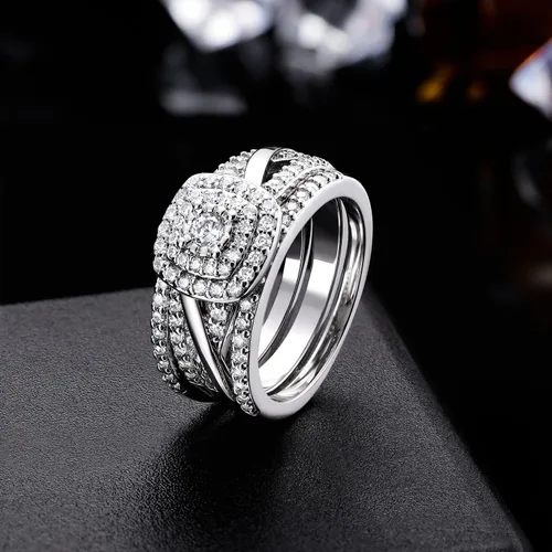 Miniatura 2 de MDFUN Juego de anillos de compromiso cuadrados con halo de boda, anillo de compromiso chapado en oro blanco de 18 quilates, anillo de eternidad