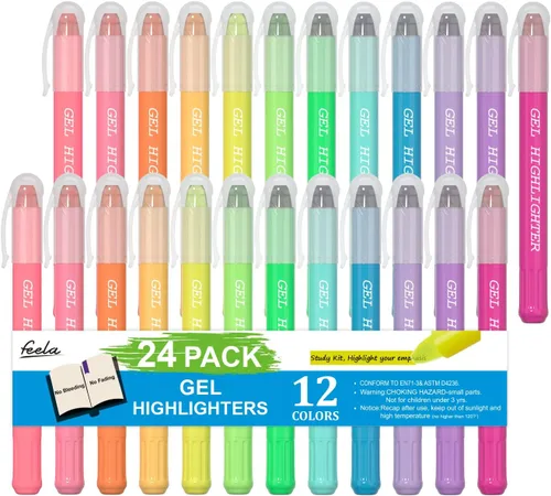 feela Paquete de 24 resaltadores de gel, 12 colores surtidos marcadores de marcadores bíblicos, suministros de diario, no se traspasa para resaltar