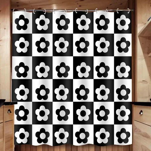 Miniatura 3 de Retro Flower Checkered Shower Curtain Black White Vintage Floral Plaid Fabric Shower Curtians 72x72Inch Washable Groovy Aesthetic Modern Hippie Boho